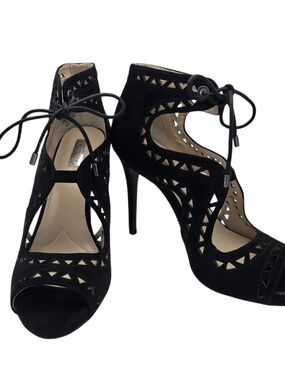 Jennifer Lopez Black Laser-Cut Lace-Up Stiletto Sandals